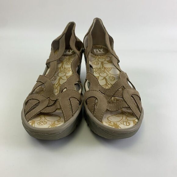 Fly London Yadi Wedge Taupe Suede Slip On Open Toe Strappy Sandal Women 40 9-9.5 - Picture 3 of 13